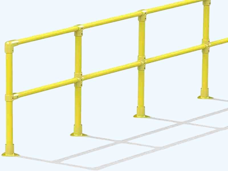 FRP handrail assembly with round tube top rail and square post sections installed at a WayTong Building Materials project